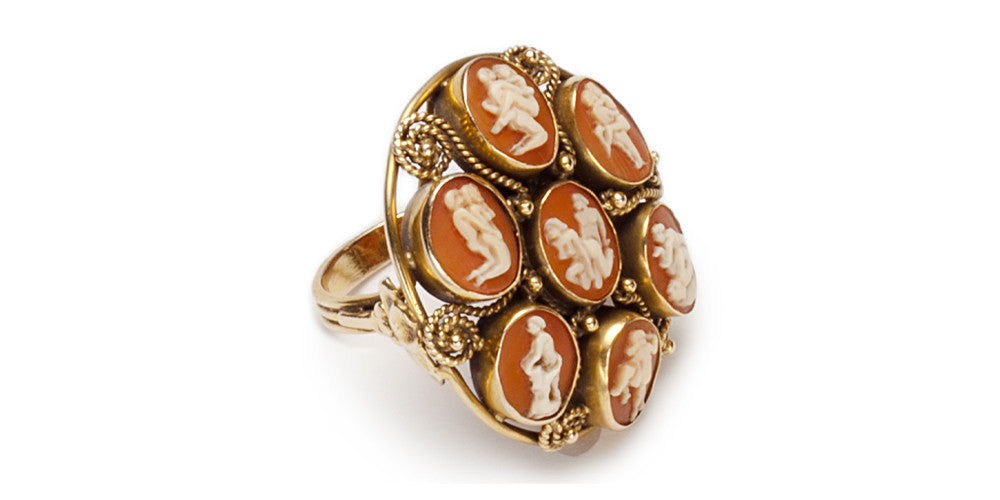 14kt Hand Worked filigree 7 Kama Sutra Cameo Cocktail Ring